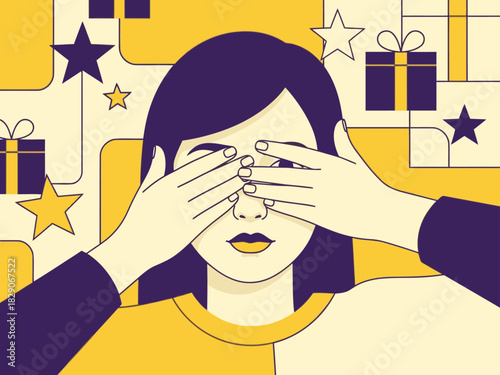 stylish  woman playfully hides her eyes with her hands surrounded by festive geometric shapes and gift boxes A vibrant modern illustration evokes anticipation and excitement