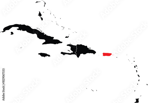 Puerto Rico Highlighted on Map of the Caribbean Silhouette