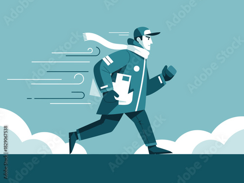 A stylized illustration depicts a speedy parcel service worker running through a snowy landscape, delivering packages with urgency. Modern, graphic style. Ideal for marketing and delivery services.