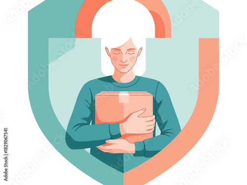 A stylized illustration depicts a young woman holding a package, protected by a shield, symbolizing a safe arrival. Modern, vibrant colors and a clean design create a reassuring visual.