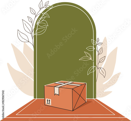 stylized illustration depicts a delivered package arriving at a rustic arched doorway  Warm tones and leafy accents create a welcoming vintage aesthetic Perfect for branding and lifestyle visuals