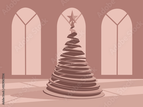 stylized spiral Christmas tree stands within a serene arched windowed hall A warm muted color palette creates a festive and inviting atmosphere -Merry d Bright- text