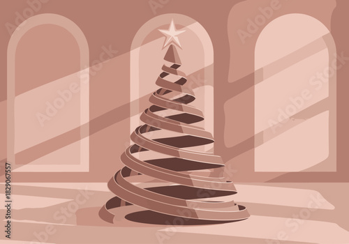 A stylized, spiral Christmas tree with a star shines warmly within a room with arched windows. The design evokes a festive and modern aesthetic. "Merry And Bright" text is included.