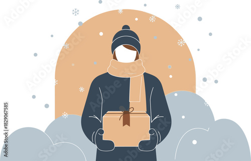 A warmly dressed person holds a gift box against a snowy backdrop, conveying care. Soft colors and a simple design create a comforting winter scene. Ideal for holiday or care-themed visuals.