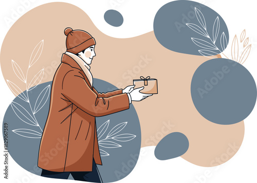 warmly dressed person offers a gift box conveying heartfelt wishes The illustration features a soft modern style with layered shapes and a muted color palette Ideal for greeting cards and social media