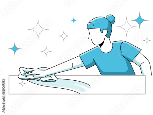 A woman cleans a surface with a cloth, creating a sparkling effect. Fresh start season imagery. Clean, bright, and professional.