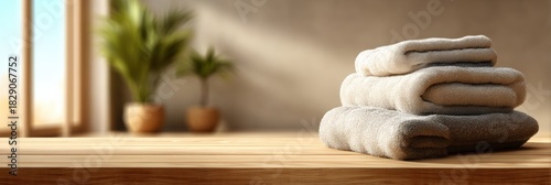 Fresh Towels Arranged on a Beige Podium Illuminated by Warm Indoor Sunlight With Potted Plants in the Background