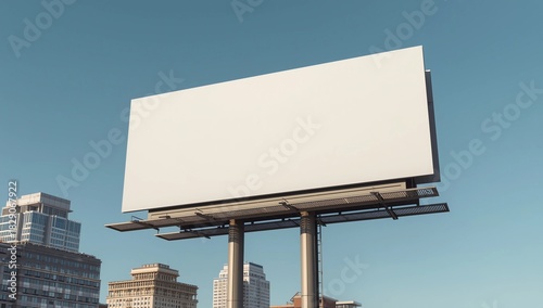 Blank billboard with empty space for mock up stands at urban street against clear blue sky outside