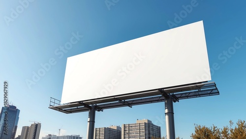 Blank billboard with empty space for mock up stands at urban street against clear blue sky outside