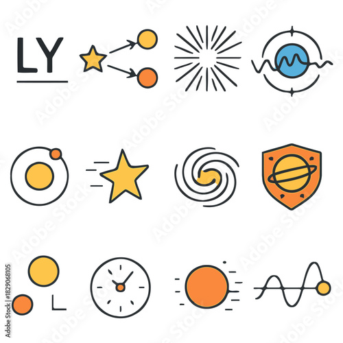 A Collection of Cosmic Iconography: A constellation of cosmic icons, showcasing celestial bodies and astronomical concepts like stars, galaxies, and orbits.