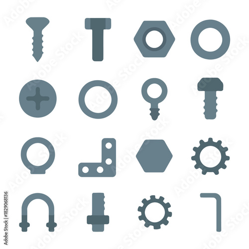 Assembly of Precision: Detailed flat lay of various screws and metal components, meticulously arranged, representing precision and design.