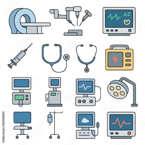 Medical Icons Collage: A collection of various medical equipment icon, symbolizing the tools of modern medicine. They represent the diverse instruments used in diagnostics, monitoring.