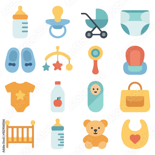 Baby Essentials: A delightful assortment of essential items for babies, artfully arranged to capture the innocence and needs of infancy, including bottles, pacifiers, stroller, diapers and toys.