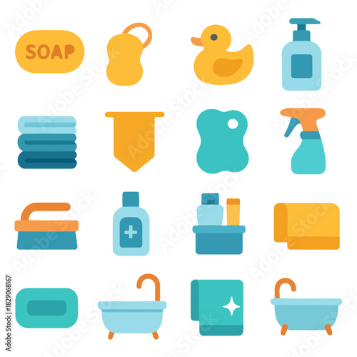 Bathroom Essentials Icon Set: A collection of vibrant icons showcasing various bathroom essentials, perfect for illustrating hygiene and self-care.