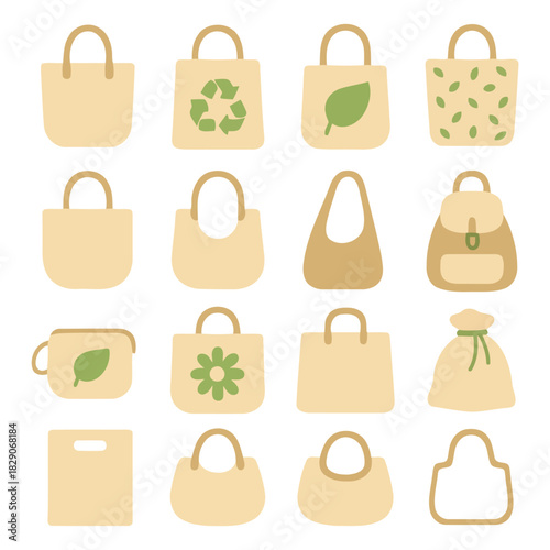 Eco-Friendly Tote Bags Collection: A colorful collection of reusable tote bags, each featuring unique designs and symbols of sustainability and environmental responsibility.