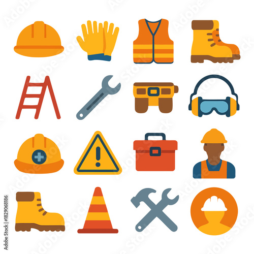 Construction and Safety Icons: A comprehensive collection of vibrant construction and safety icons, symbolizing essential tools and protective gear used on a construction site.
