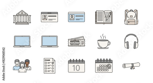 Education icons set: school, calendar, id, study, exam, laptop, coffee, headphones