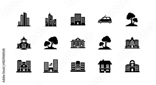 Minimalist black silhouette set of cityscape and architecture icons
