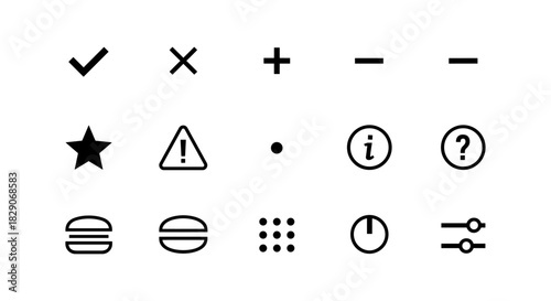 Minimalist icon set featuring checkmark, cross, plus, and more for modern design