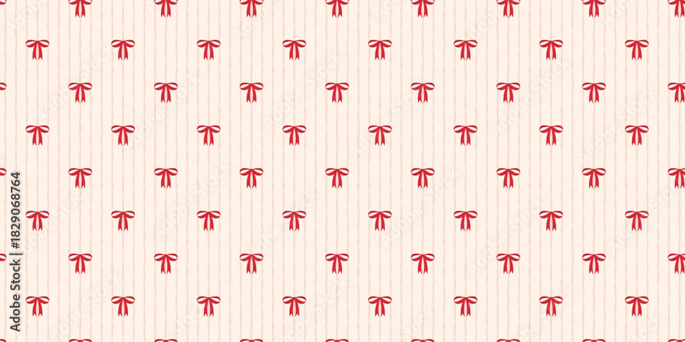 Naklejka premium Coquette seamless pattern red bow with ribbons on striped beige backdrop. Soft wrapping paper background for birthday, holiday and Christmas. Cute repeat wallpaper texture. Vector illustration