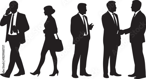 Silhouetted businessmen shake hands as a woman walks by and another talks on phone