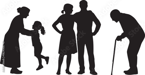 Silhouette shows grandmother adjusting a girl's hair, while a couple and grandfather stand aside