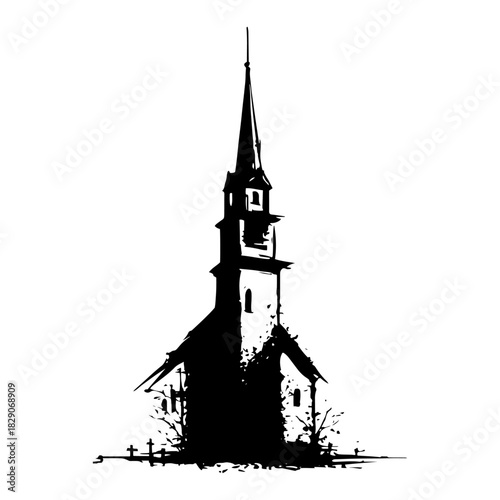 Spooky gothic church silhouette with high steeple and graveyard. Grunge distressed vector illustration.