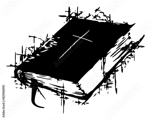 holy bible book with cross on cover black and white grunge ink splatter christian religious vector illustration