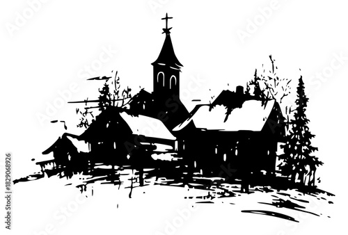 Old rural village landscape with church and small cottages. Sketchy grunge vector illustration.