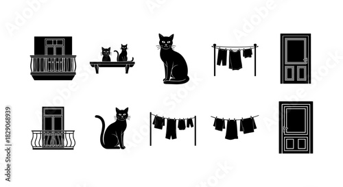Black cat silhouettes with doors, balconies, and laundry elements in minimalist design