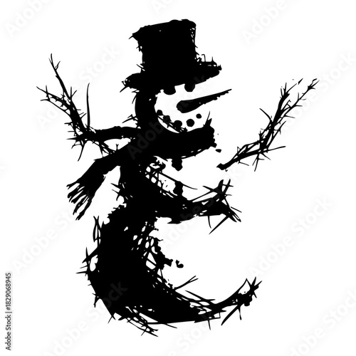 Stylized snowman vector illustration in grunge ink sketch style wearing a top hat and scarf isolated on white