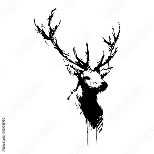 Deer head vector silhouette showing a stag with large antlers in a hand drawn grunge ink sketch style