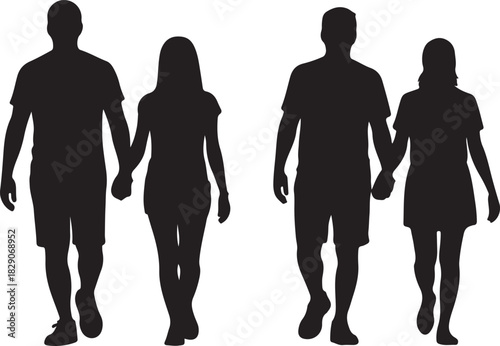 Two couples are walking while holding hands depicted in black silhouette on white