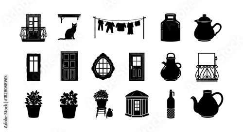 Charming urban silhouettes: doors, balconies, and everyday objects in bold black design