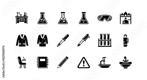 Science and laboratory icons set featuring apparatus and safety gear
