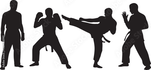 Black silhouettes demonstrate karate stances including sparring, blocking, kicking, and fighting poses isolated on white