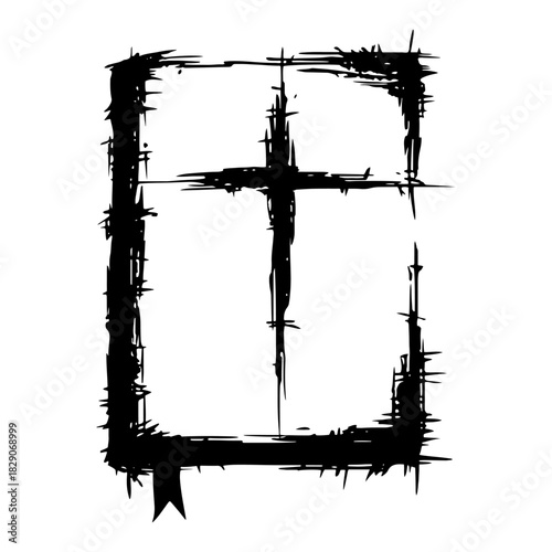 Grunge vector silhouette of holy bible book cover with cross Black ink blot illustration of religious scripture frame