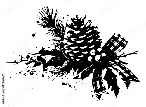 Festive Christmas pinecone arrangement with holly berries and ribbon bow Winter holiday grunge vector illustration