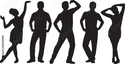 Silhouette of diverse people poses, including elegant ladies and confident men on white background