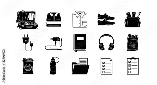 Essential travel items icon set: clothing, gadgets, snacks, organization in black and white