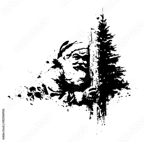Santa Claus peeking from behind a pine tree vector illustration in grunge ink sketch style for holiday design