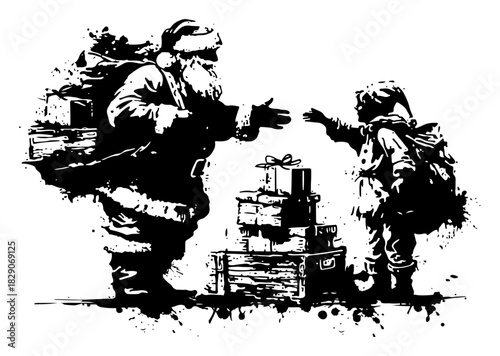 Santa Claus meeting a little elf with gifts vector illustration in grunge ink sketch style showing holiday sharing