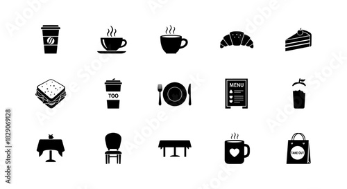 Minimalistic cafe icons: coffee, pastries, and dining elements in black and white