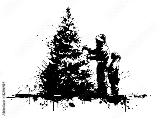 Grunge vector silhouette of Santa Claus and child decorating Christmas tree Black ink blot illustration of family holiday scene