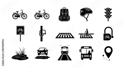 Urban cycling and transportation icons in silhouette style for eco-friendly navigation and safety