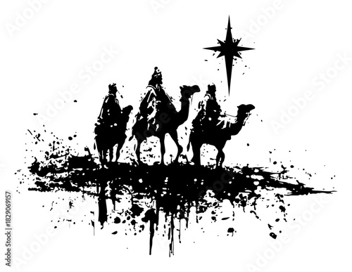 Grunge vector silhouette of three wise men riding camels following star Black ink blot illustration of biblical nativity scene