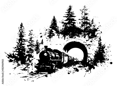 Grunge vector silhouette of steam train locomotive emerging from tunnel in pine forest Black ink blot illustration of railway journey