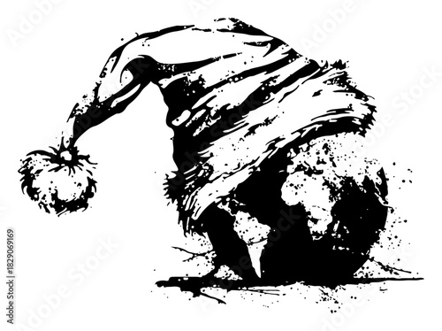 Grunge vector silhouette of Santa Claus hat with pompom Black ink blot illustration of festive christmas headwear