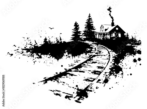 Railway Track to Mountain Cabin Landscape — Hand Drawn Black and White Vector Illustration