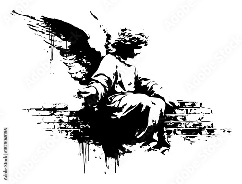 Seated Angel Statue with Wings — Grunge Black and White Vector Illustration